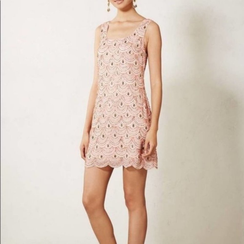 NWT Anthropologie Moulinette Soeurs Scalloped Shift Dress Size 12 Blush Beaded